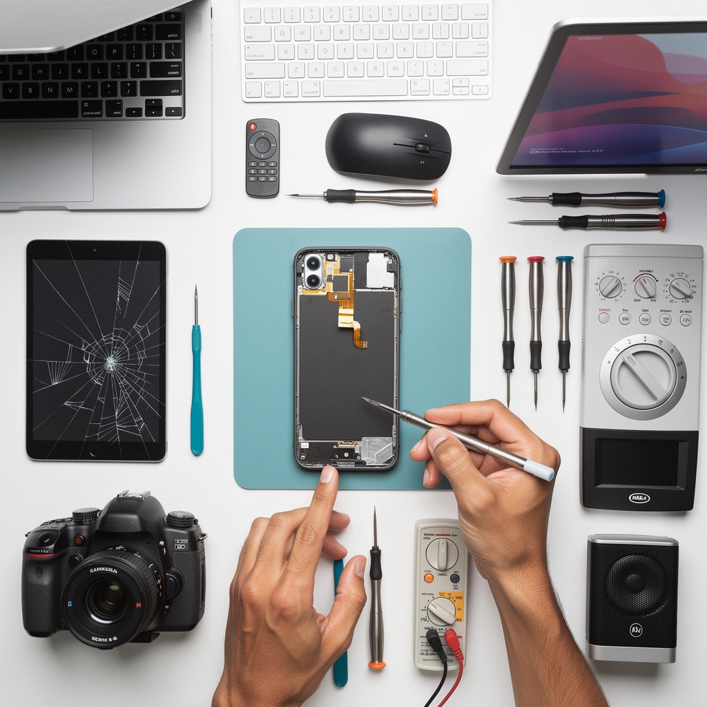 jasmeet electronics repair technician working on various devices including phones, computers, and tablets in Los Angeles